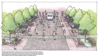 Comprehensive architectural presentation board for the Enid Multi-Use Park. It includes a detailed schematic master plan map with a numbered legend, character sketches of the pedestrian street and amphitheater seating, and photographic examples of proposed park amenities.