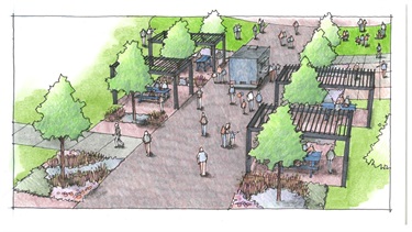 Watercolor sketch of a vibrant pedestrian street section featuring shade pergolas, blue picnic tables, street trees, and a food truck, with people walking and relaxing.