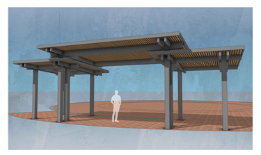 3D digital rendering of a permanent park stage canopy featuring a gray structural steel frame and a flat, slatted wood roof over a paved circular stage.