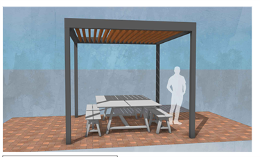 3D digital rendering of a square shade structure featuring a gray metal frame and a slatted wood roof. Beneath the canopy sits a modern gray picnic table with benches, situated on a brown brick paver surface. A translucent white silhouette of a person stands next to the table for scale against a stylized, two-tone blue background.