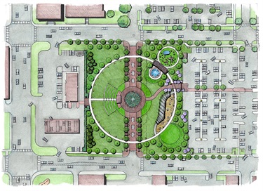 Top-down architectural rendering of a multi-use park featuring a central circular lawn with an amphitheater, surrounded by walking paths, a splash pad, a playground, and adjacent parking lots.